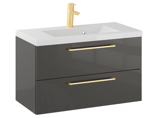 Szafka Wisząca Z Umywalką RON 80 cm - Titan Wysoki Połysk - Uchwyty Złote Szczotkowane Szafka Wisząca Z Umywalką RON 80 cm - Titan Wysoki Połysk - Uchwyty Złote Szczotkowane