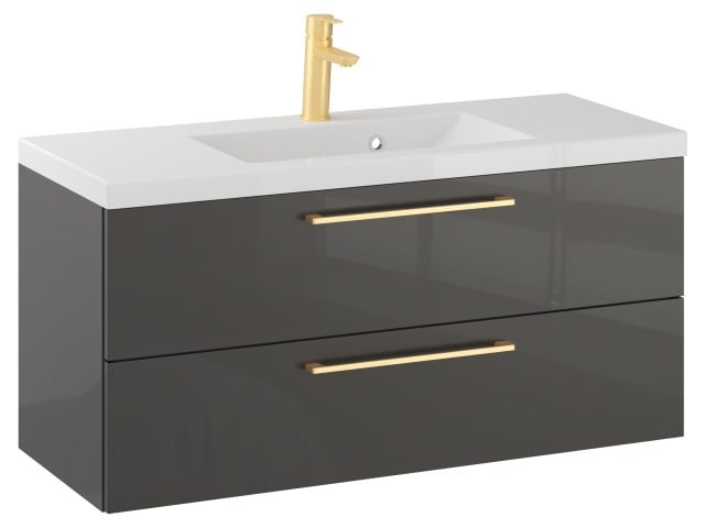 Szafka Wisząca Z Umywalką RON 100 cm - Titan Wysoki Połysk - Uchwyty Złote Szczotkowane Szafka Wisząca Z Umywalką RON 100 cm - Titan Wysoki Połysk - Uchwyty Złote Szczotkowane