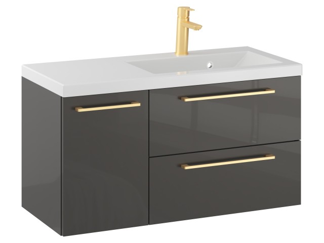 Szafka Wisząca Z Umywalką RON 90 cm D Prawa - Titan Wysoki Połysk - Uchwyty Złote Szczotkowane