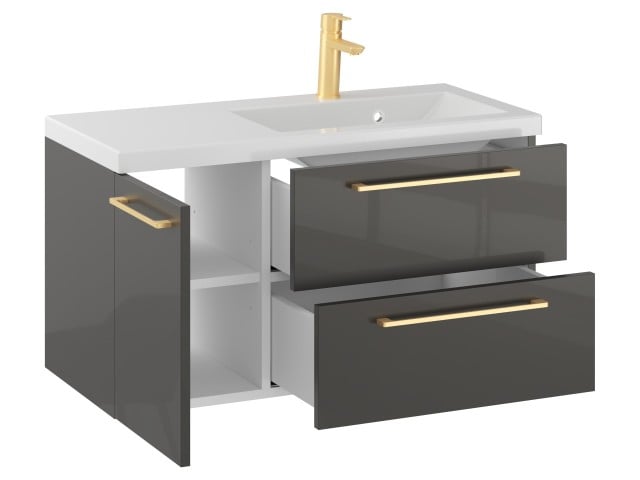 Szafka Wisząca Z Umywalką RON 90 cm D Prawa - Titan Wysoki Połysk - Uchwyty Złote Szczotkowane