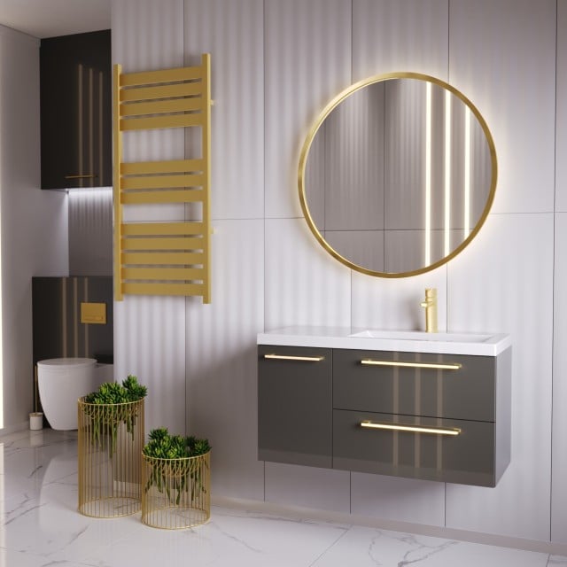 Szafka Wisząca Z Umywalką RON 90 cm D Prawa - Titan Wysoki Połysk - Uchwyty Złote Szczotkowane