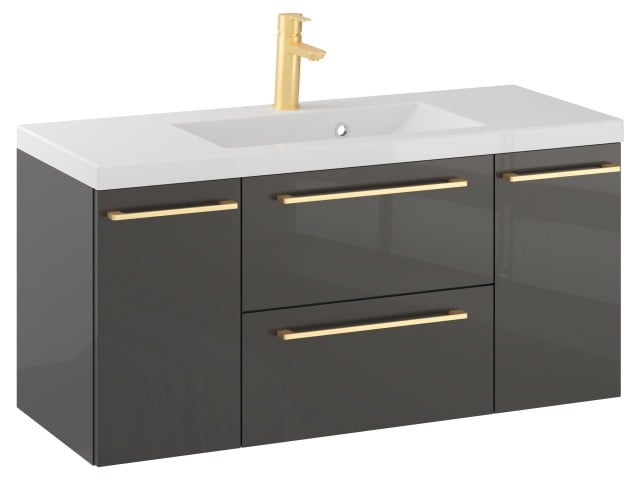 Szafka Wisząca Z Umywalką RON 100 cm D - Titan Wysoki Połysk - Uchwyty Złote Szczotkowane Szafka Wisząca Z Umywalką RON 100 cm D - Titan Wysoki Połysk - Uchwyty Złote Szczotkowane