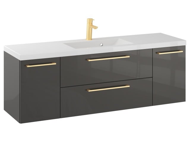 Szafka Wisząca Z Umywalką RON 140 cm D - Titan Wysoki Połysk - Uchwyty Złote Szczotkowane Szafka Wisząca Z Umywalką RON 140 cm D - Titan Wysoki Połysk - Uchwyty Złote Szczotkowane