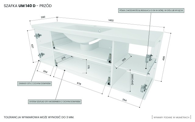 Szafka Wisząca Z Umywalką RON 140 cm D - Titan Wysoki Połysk - Uchwyty Złote Szczotkowane