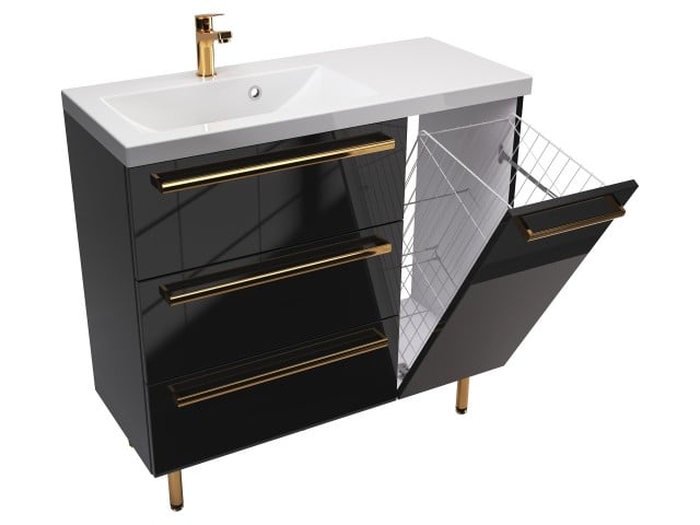Szafka Stojąca Z Umywalką ATH 90 cm K Lewa - Czarny Wysoki Połysk - Uchwyty Złote Polerowane