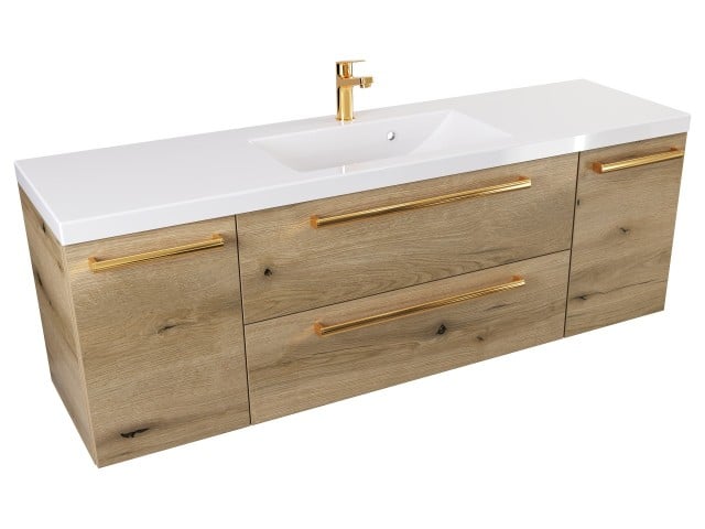 Szafka Wisząca Z Umywalką ATHD 140 cm D - Dąb Evoke Coast Mat - Uchwyty Złote Polerowane