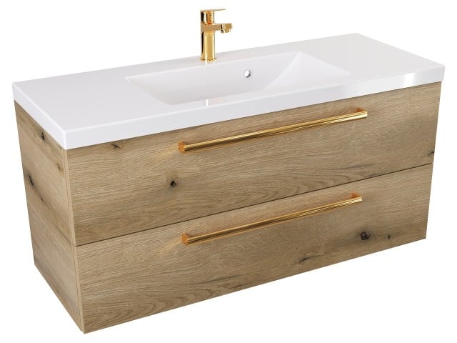 Szafka Wisząca Z Umywalką ATHD 100 cm - Dąb Evoke Coast Mat - Uchwyty Złote Polerowane Szafka Wisząca Z Umywalką ATHD 100 cm - Dąb Evoke Coast Mat - Uchwyty Złote Polerowane
