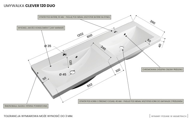 Szafka Wisząca Z Umywalką ATHD 120 cm DUO - Dąb Evoke Coast Mat - Uchwyty Czarne Matowe