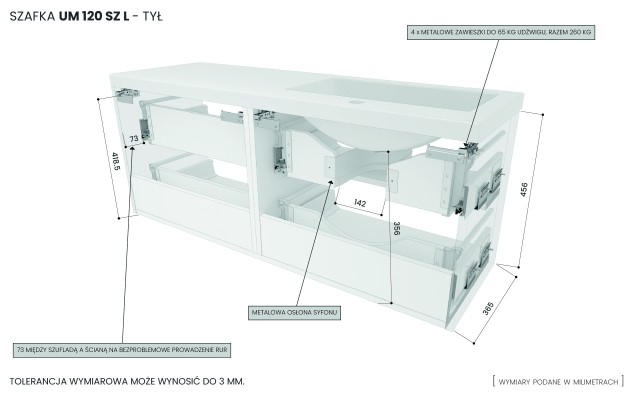 Szafka Wisząca Z Umywalką ATHD 120 cm S Lewa - Dąb Evoke Coast Mat - Uchwyty Złote Polerowane