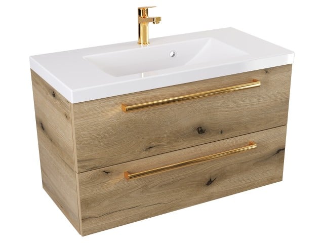 Szafka Wisząca Z Umywalką ATHD 80 cm - Dąb Evoke Coast Mat - Uchwyty Złote Polerowane Szafka Wisząca Z Umywalką ATHD 80 cm - Dąb Evoke Coast Mat - Uchwyty Złote Polerowane