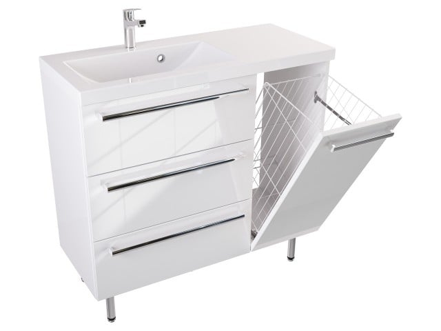 Szafka Stojąca Z Umywalką ATH 90 cm K Lewa - Biały Wysoki Połysk - Uchwyty Chromowane