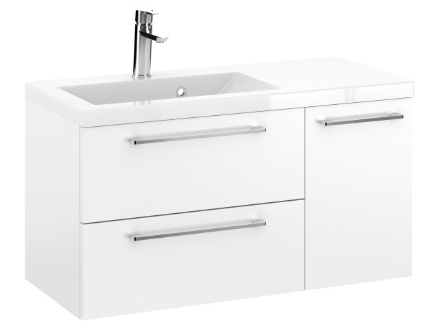 Szafka Wisząca Z Umywalką RON 90 cm D Lewa - Biały Mat - Uchwyty Chromowane