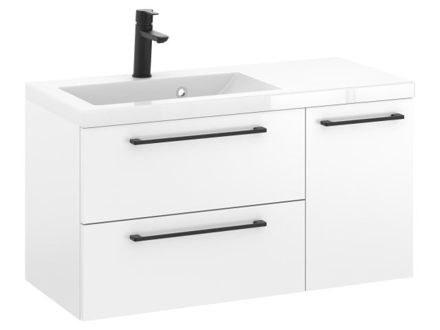Szafka Wisząca Z Umywalką RON 90 cm D Lewa - Biały Mat - Uchwyty Czarne Matowe Szafka Wisząca Z Umywalką RON 90 cm D Lewa - Biały Mat - Uchwyty Czarne Matowe