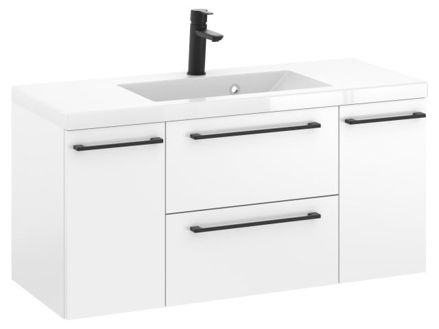 Szafka Wisząca Z Umywalką RON 100 cm D - Biały Mat - Uchwyty Czarne Matowe Szafka Wisząca Z Umywalką RON 100 cm D - Biały Mat - Uchwyty Czarne Matowe