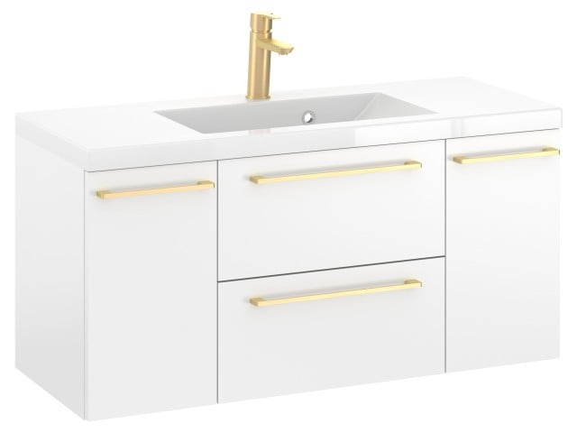 Szafka Wisząca Z Umywalką RON 100 cm D - Biały Mat - Uchwyty Złote Szczotkowane Szafka Wisząca Z Umywalką RON 100 cm D - Biały Mat - Uchwyty Złote Szczotkowane