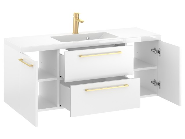 Szafka Wisząca Z Umywalką RON 120 cm D - Biały Mat - Uchwyty Złote Szczotkowane