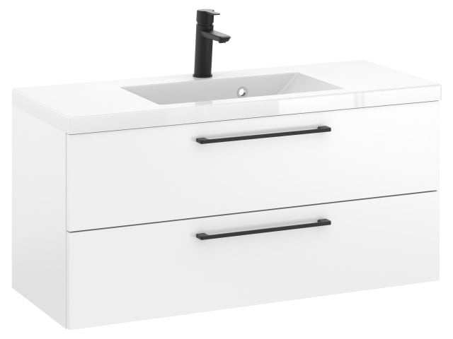 Szafka Wisząca Z Umywalką RON 100 cm - Biały Mat - Uchwyty Czarne Matowe Szafka Wisząca Z Umywalką RON 100 cm - Biały Mat - Uchwyty Czarne Matowe