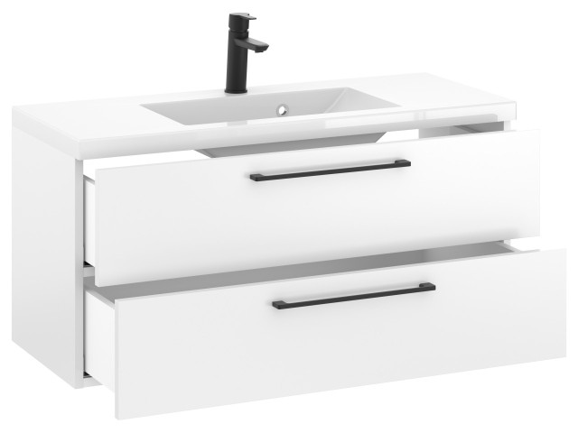 Szafka Wisząca Z Umywalką RON 100 cm - Biały Mat - Uchwyty Czarne Matowe