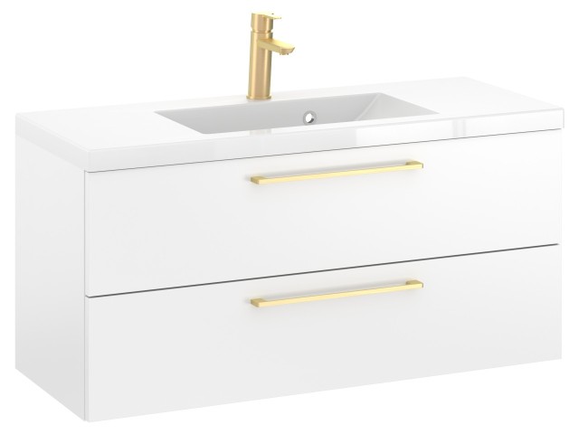 Szafka Wisząca Z Umywalką RON 100 cm - Biały Mat - Uchwyty Złote Szczotkowane