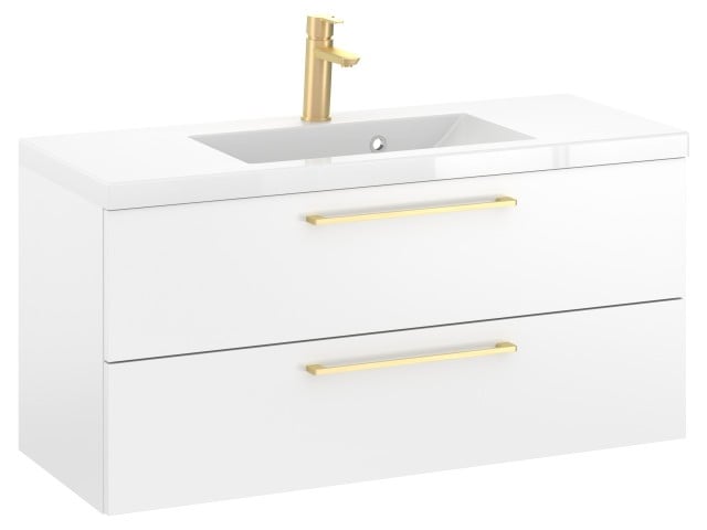 Szafka Wisząca Z Umywalką RON 100 cm - Biały Mat - Uchwyty Złote Szczotkowane Szafka Wisząca Z Umywalką RON 100 cm - Biały Mat - Uchwyty Złote Szczotkowane