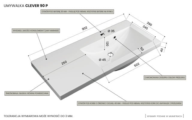 Szafka Wisząca Z Umywalką RON 90 cm D Prawa - Cappuccino Mat - Uchwyty Białe Matowe