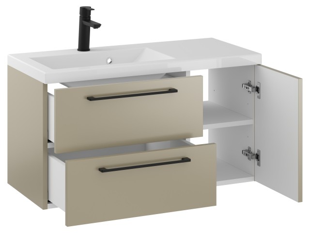 Szafka Wisząca Z Umywalką RON 90 cm D Lewa - Cappuccino Mat - Uchwyty Czarne Matowe