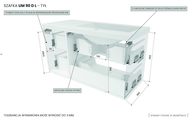 Szafka Wisząca Z Umywalką RON 90 cm D Lewa - Cappuccino Mat - Uchwyty Czarne Matowe