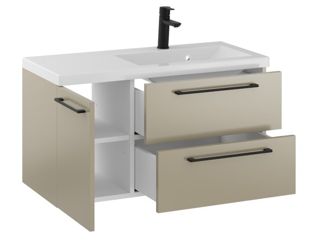 Szafka Wisząca Z Umywalką RON 90 cm D Prawa - Cappuccino Mat - Uchwyty Czarne Matowe