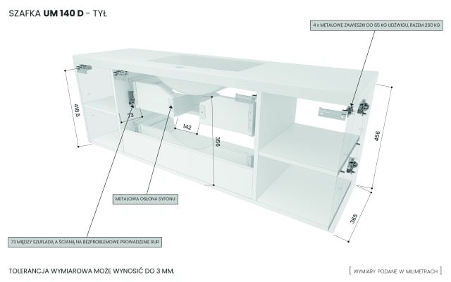 Szafka Wisząca Z Umywalką RON 140 cm D - Cappuccino Mat - Uchwyty Czarne Matowe
