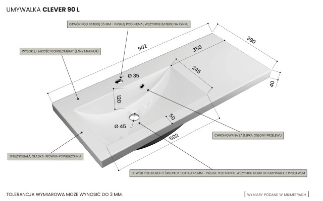 Szafka Wisząca Z Umywalką RON 90 cm D Lewa - Titan Mat - Uchwyty Chromowane