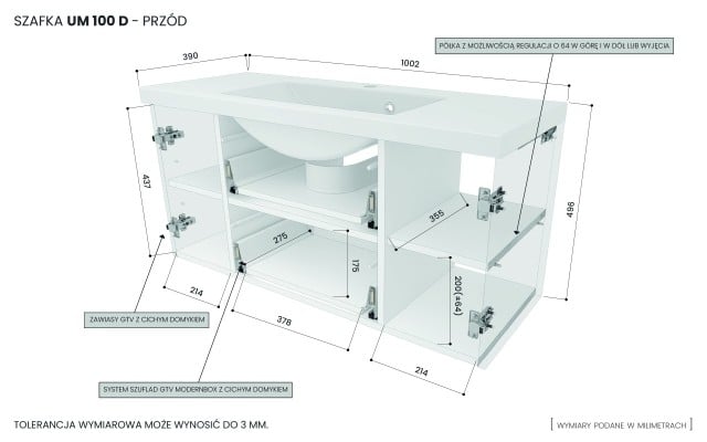 Szafka Wisząca Z Umywalką RON 100 cm D - Titan Mat - Uchwyty Chromowane