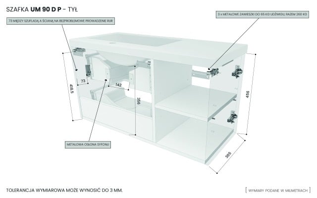 Szafka Wisząca Z Umywalką RON 90 cm D Prawa - Titan Mat - Uchwyty Czarne Matowe