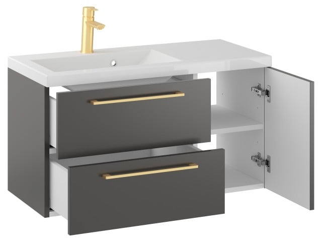 Szafka Wisząca Z Umywalką RON 90 cm D Lewa - Titan Mat - Uchwyty Złote Szczotkowane