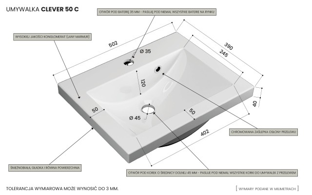 Szafka Wisząca Z Umywalką RON 50 cm - Titan Mat - Uchwyty Chromowane