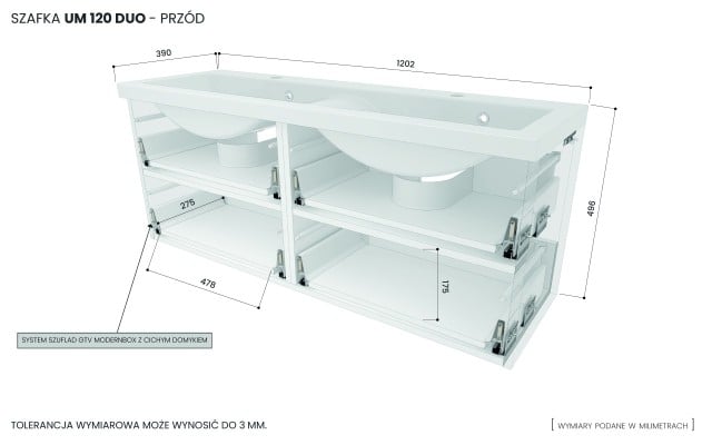 Szafka Wisząca Z Umywalką RON 120 cm DUO - Titan Mat - Uchwyty Chromowane