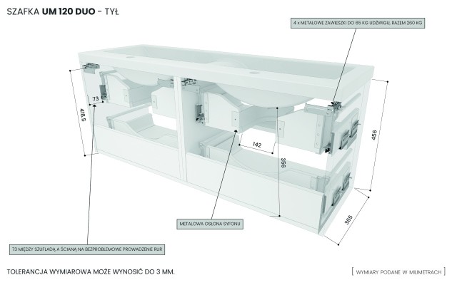 Szafka Wisząca Z Umywalką RON 120 cm DUO - Titan Mat - Uchwyty Złote Szczotkowane