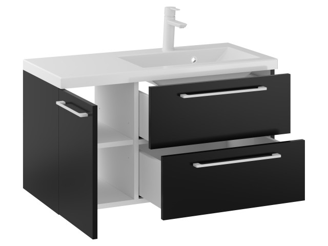 Szafka Wisząca Z Umywalką RON 90 cm D Prawa - Czarny Mat - Uchwyty Białe Matowe