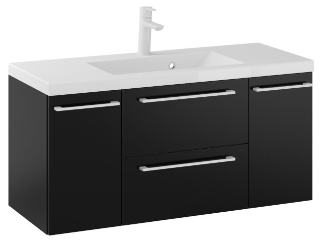 Szafka Wisząca Z Umywalką RON 100 cm D - Czarny Mat - Uchwyty Białe Matowe