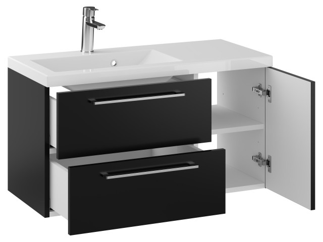 Szafka Wisząca Z Umywalką RON 90 cm D Lewa - Czarny Mat - Uchwyty Chromowane