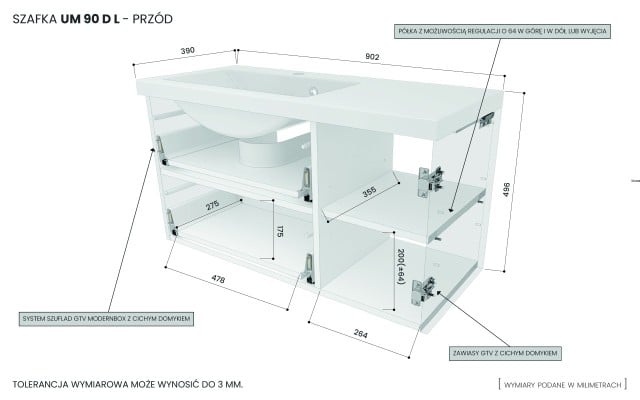 Szafka Wisząca Z Umywalką RON 90 cm D Lewa - Czarny Mat - Uchwyty Chromowane