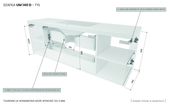 Szafka Wisząca Z Umywalką RON 140 cm D - Czarny Mat - Uchwyty Czarne Matowe