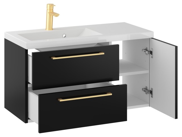 Szafka Wisząca Z Umywalką RON 90 cm D Lewa - Czarny Mat - Uchwyty Złote Szczotkowane