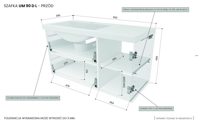 Szafka Wisząca Z Umywalką RON 90 cm D Lewa - Czarny Mat - Uchwyty Złote Szczotkowane