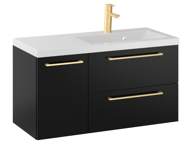 Szafka Wisząca Z Umywalką RON 90 cm D Prawa - Czarny Mat - Uchwyty Złote Szczotkowane Szafka Wisząca Z Umywalką RON 90 cm D Prawa - Czarny Mat - Uchwyty Złote Szczotkowane