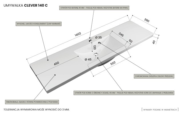 Szafka Wisząca Z Umywalką RON 140 cm D - Czarny Mat - Uchwyty Złote Szczotkowane