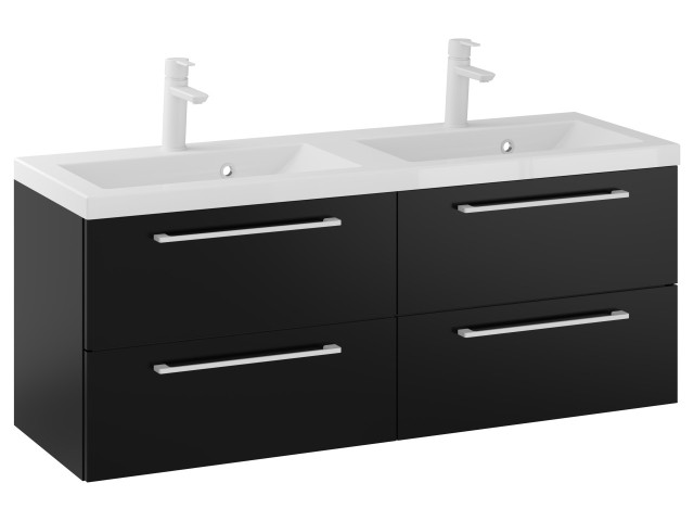 Szafka Wisząca Z Umywalką RON 120 cm DUO - Czarny Mat - Uchwyty Białe Matowe