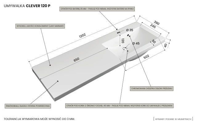 Szafka Wisząca Z Umywalką ATH 120 cm DS Prawa - Biały Mat - Uchwyty Czarne Matowe