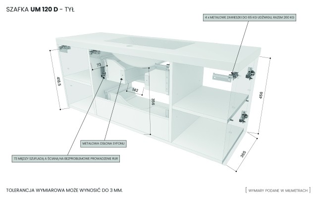 Szafka Wisząca Z Umywalką ATH 120 cm D - Czarny Mat - Uchwyty Stal Szczotkowana