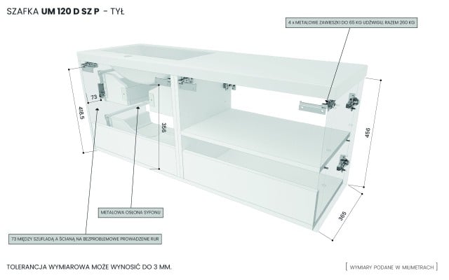 Szafka Wisząca Z Umywalką ATH 120 cm DS Prawa - Czarny Mat - Uchwyty Chromowane