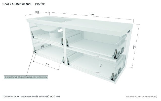 Szafka Wisząca Z Umywalką ATH 120 cm S Lewa - Czarny Mat - Uchwyty Chromowane